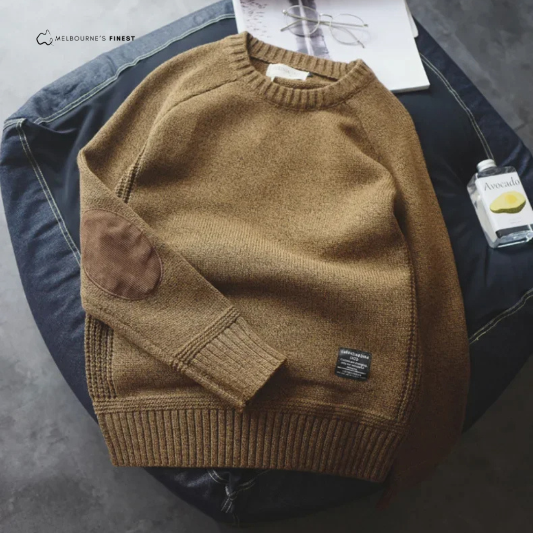 Men's ribbed crew neck pullover with elbow patches