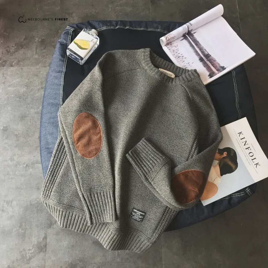 Men's ribbed crew neck pullover with elbow patches