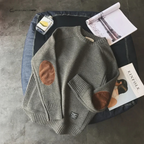 Men's ribbed crew neck pullover with elbow patches