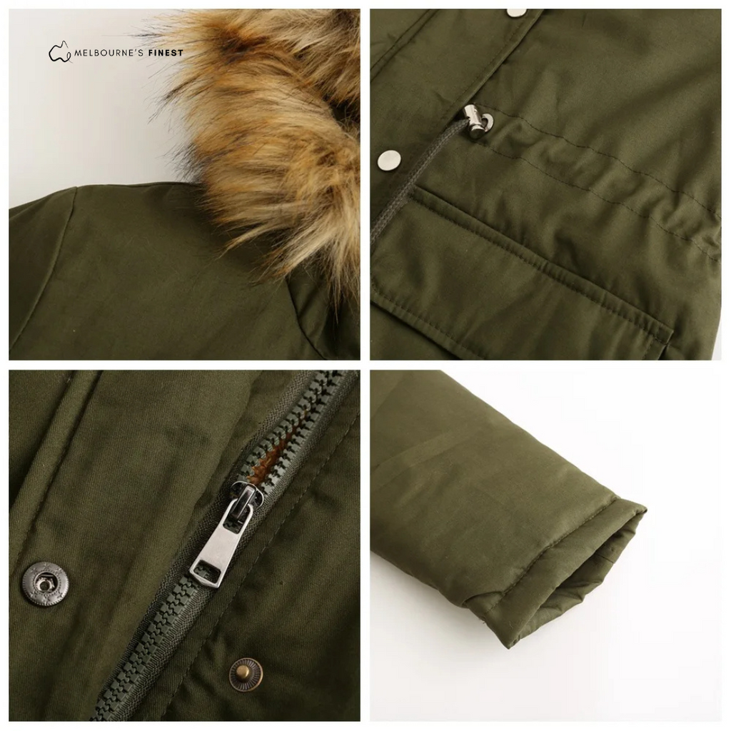 Women's hooded parka coat with fur-trimmed hood, drawstring waist and utility pockets
