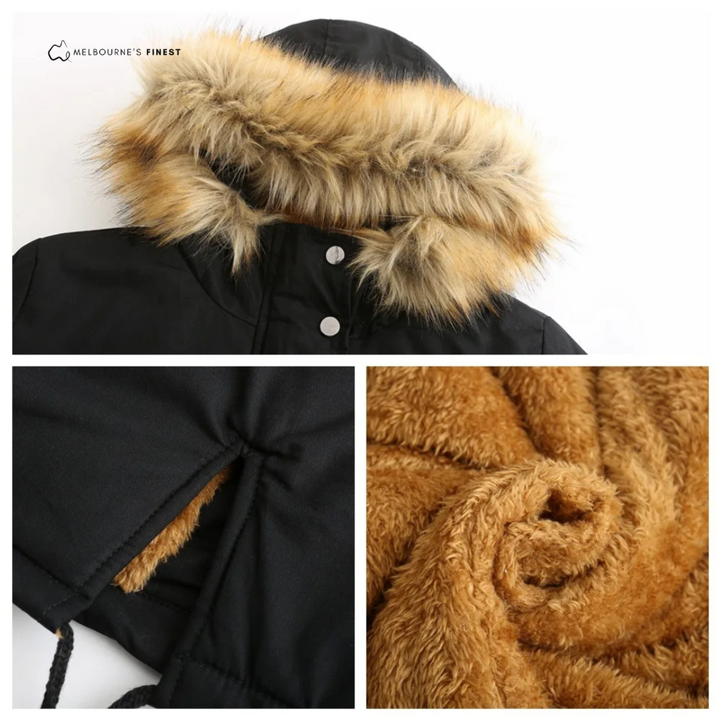 Women's hooded parka coat with fur-trimmed hood, drawstring waist and utility pockets