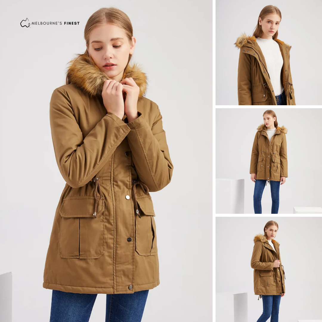 Women's hooded parka coat with fur-trimmed hood, drawstring waist and utility pockets