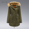 Women's hooded parka coat with fur-trimmed hood, drawstring waist and utility pockets