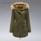 Women's hooded parka coat with fur-trimmed hood, drawstring waist and utility pockets