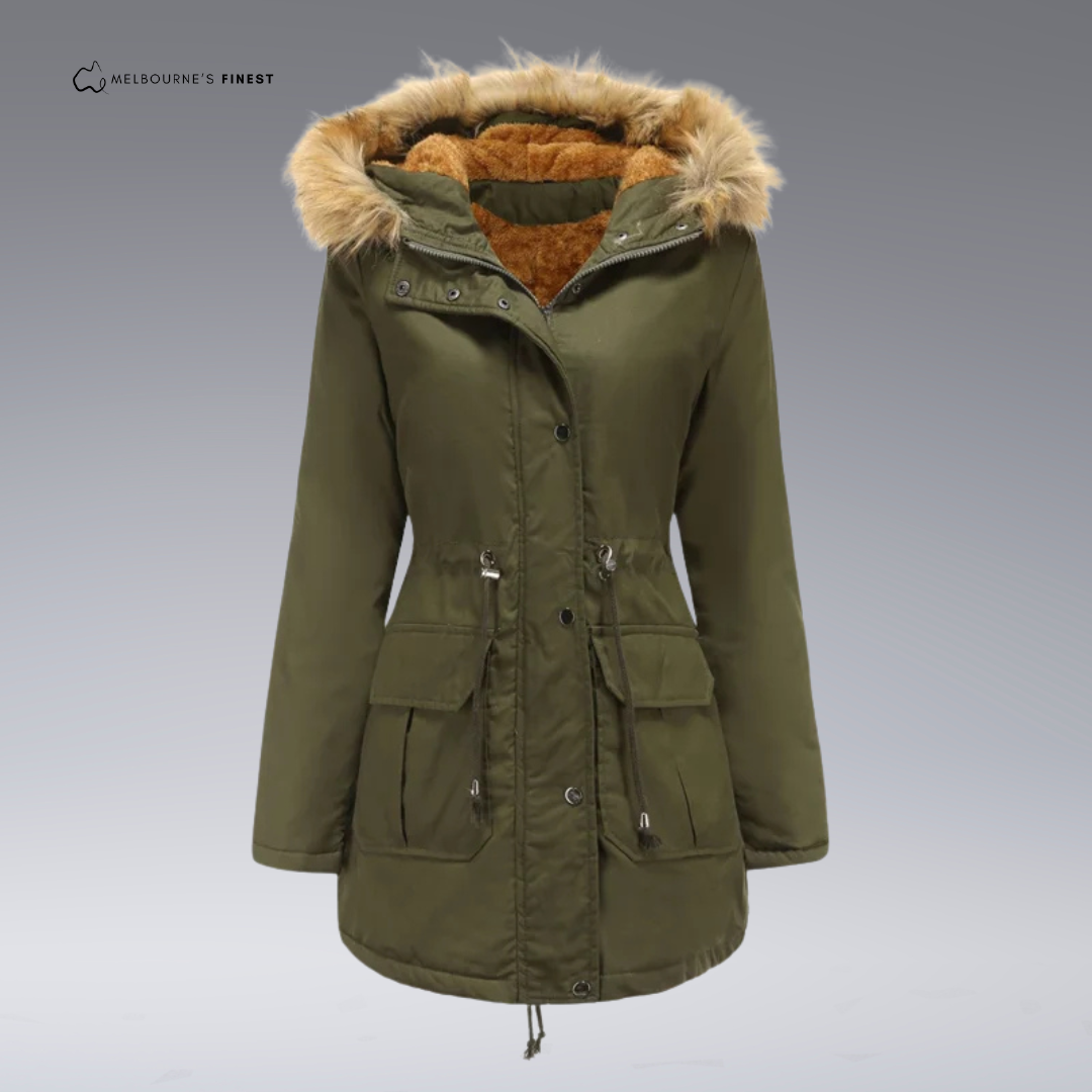 Women's hooded parka coat with fur-trimmed hood, drawstring waist and utility pockets