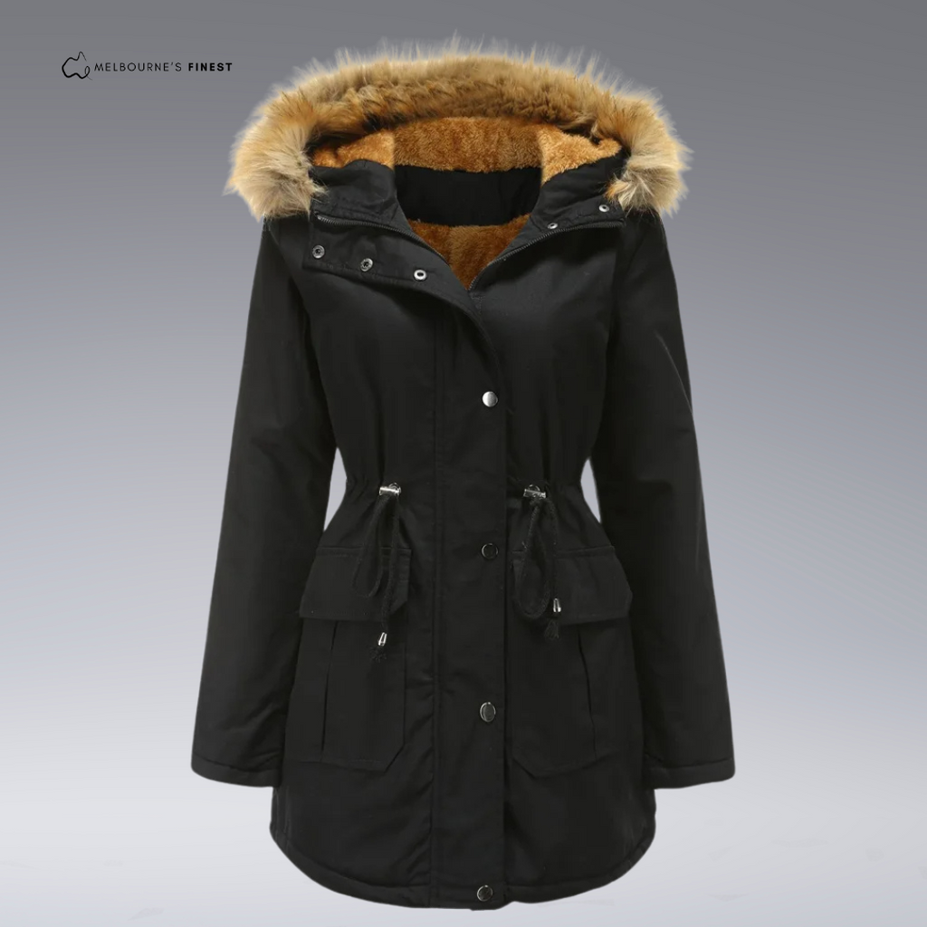 Women's hooded parka coat with fur-trimmed hood, drawstring waist and utility pockets