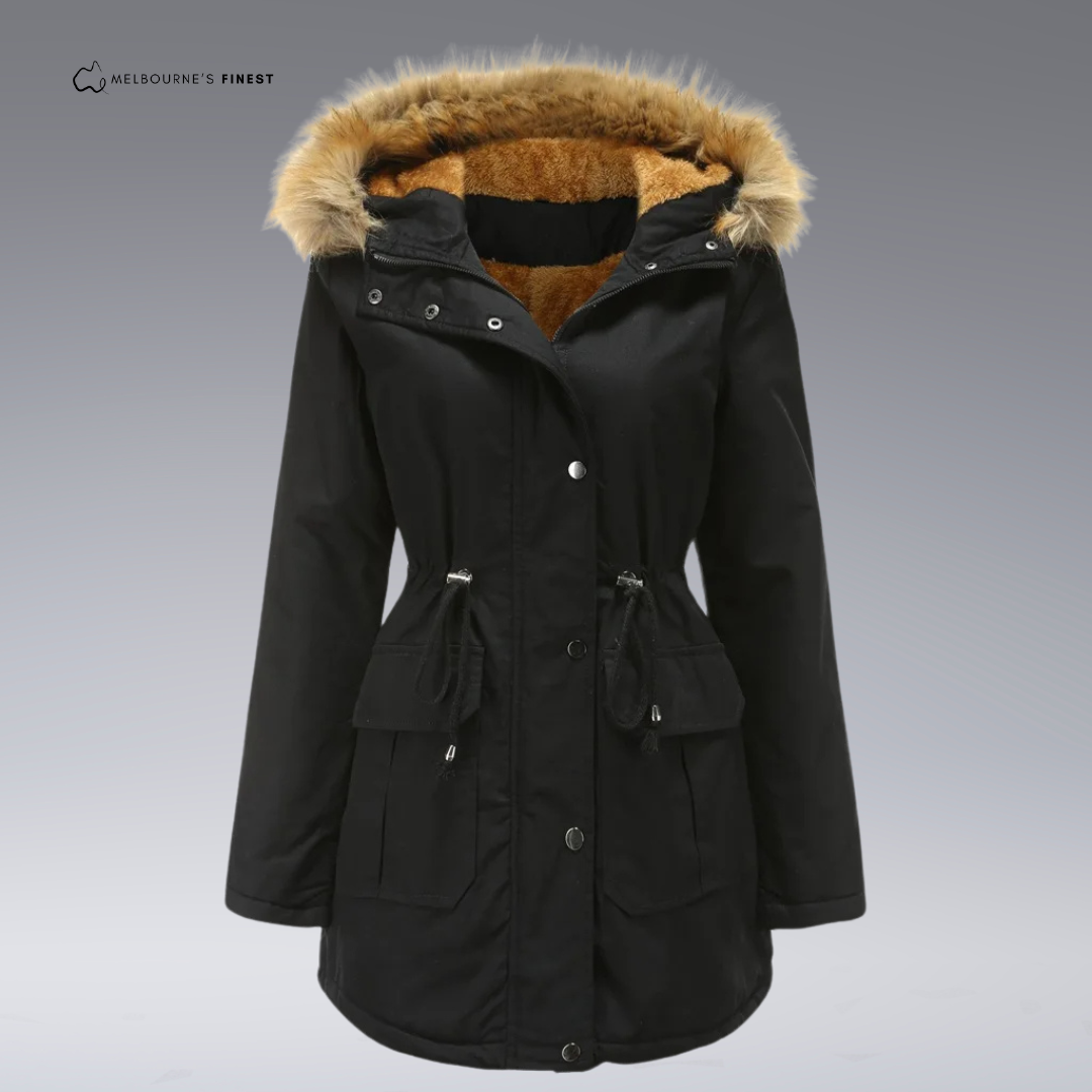 Women's hooded parka coat with fur-trimmed hood, drawstring waist and utility pockets