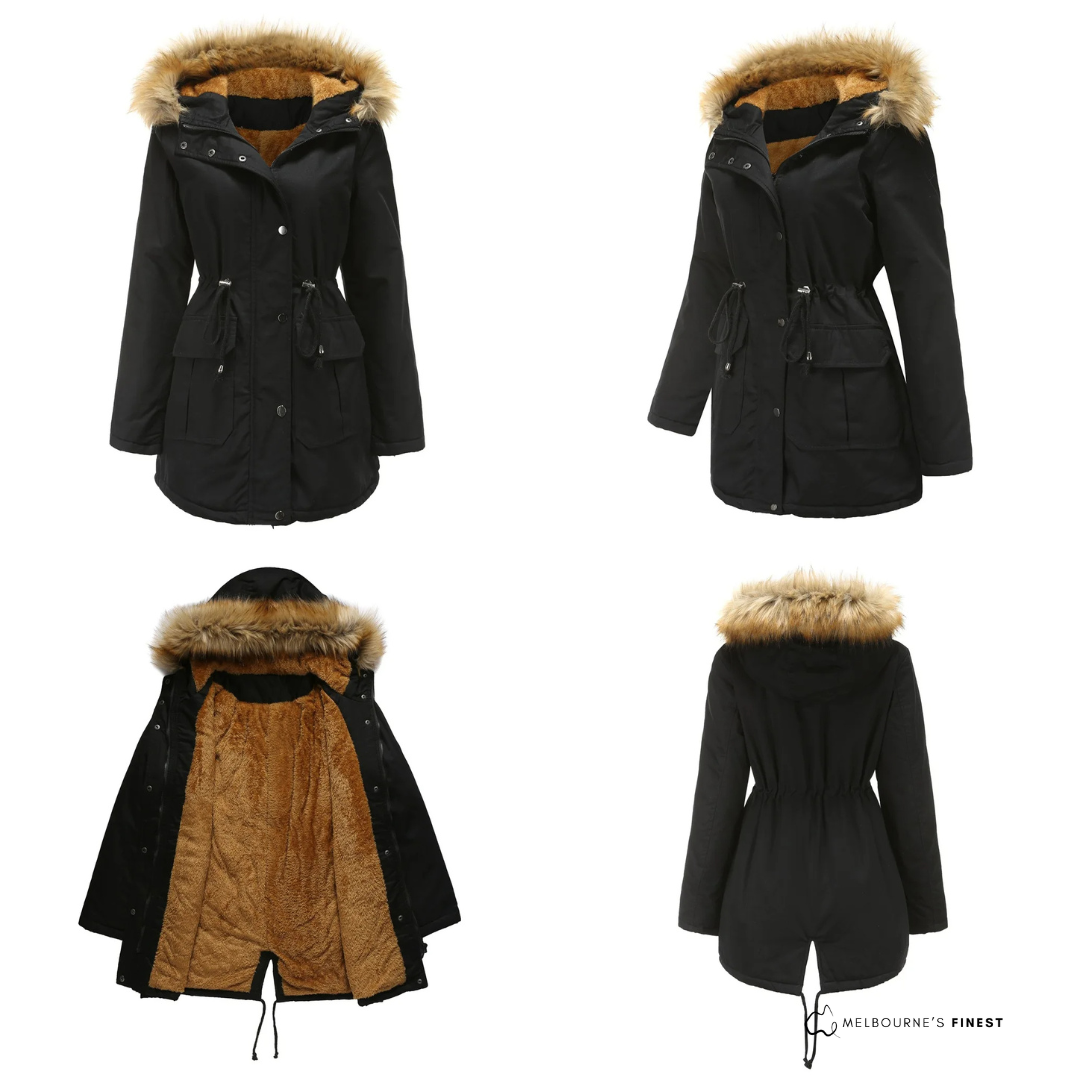 Women's hooded parka coat with fur-trimmed hood, drawstring waist and utility pockets