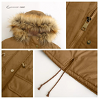 Women's hooded parka coat with fur-trimmed hood, drawstring waist and utility pockets