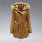 Women's hooded parka coat with fur-trimmed hood, drawstring waist and utility pockets