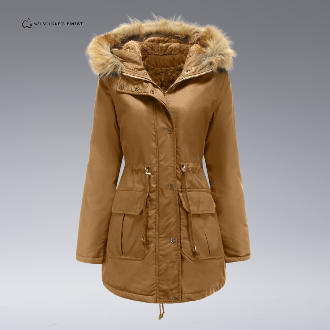 Women's hooded parka coat with fur-trimmed hood, drawstring waist and utility pockets