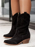 Perforated western ankle boots with pointed toes and block heels