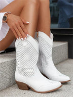 Perforated western ankle boots with pointed toes and block heels