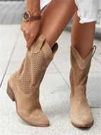 Perforated western ankle boots with pointed toes and block heels