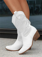 Perforated western ankle boots with pointed toes and block heels