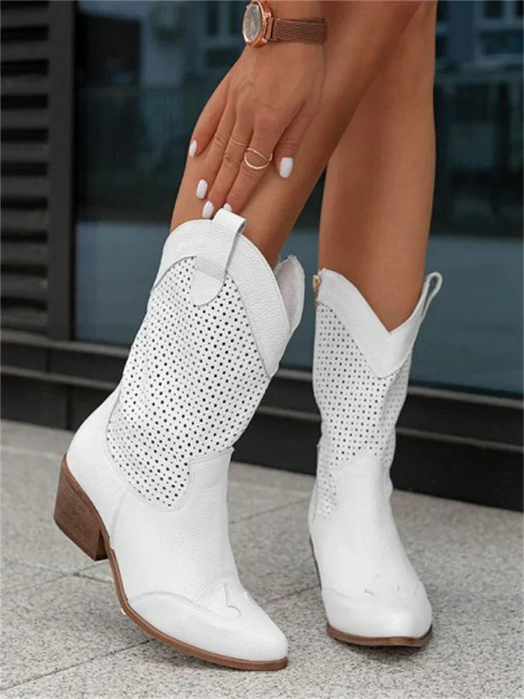 Perforated western ankle boots with pointed toes and block heels
