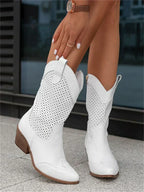 Perforated western ankle boots with pointed toes and block heels