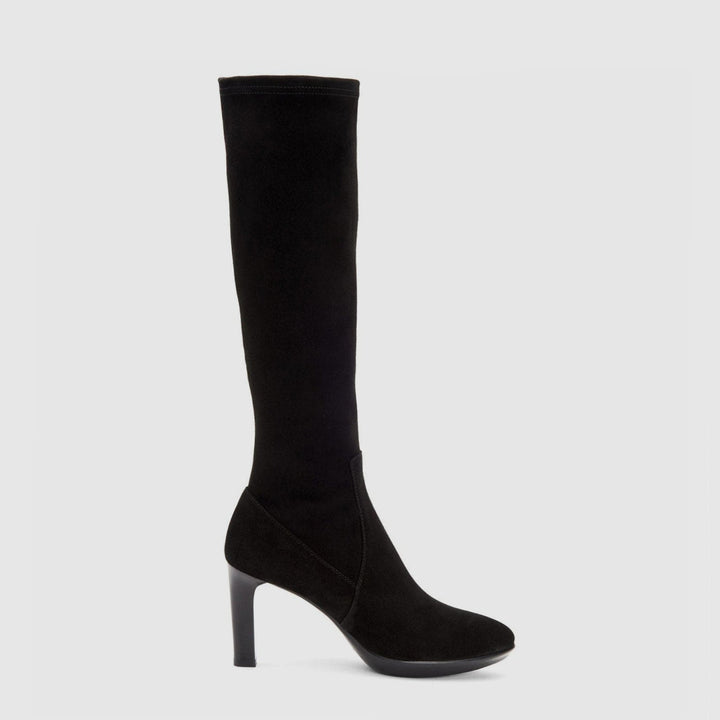 Women's black knee-high boots with pointed toe and high heel