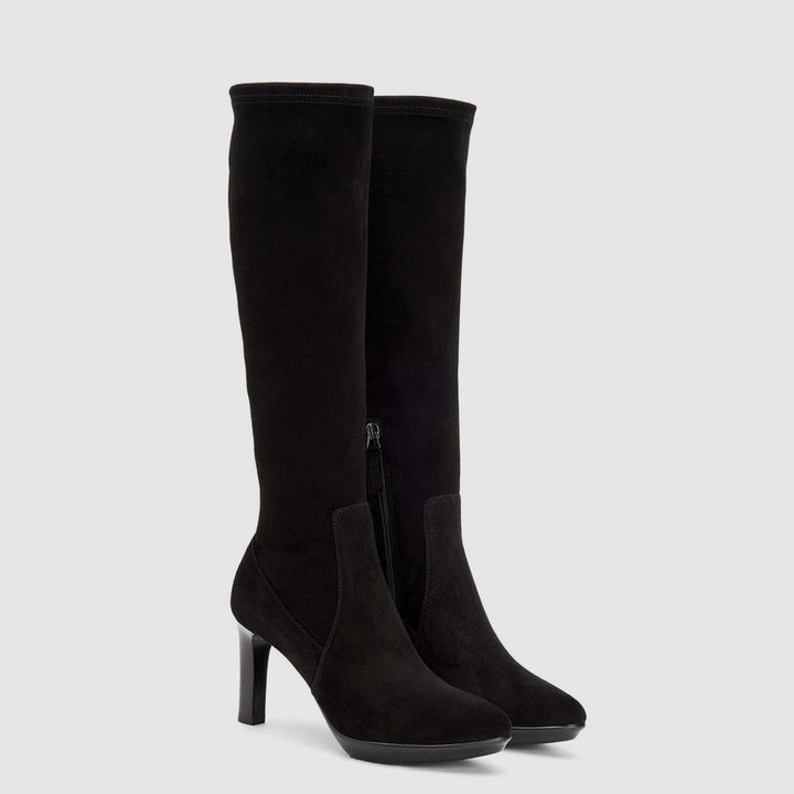 Women's black knee-high boots with pointed toe and high heel