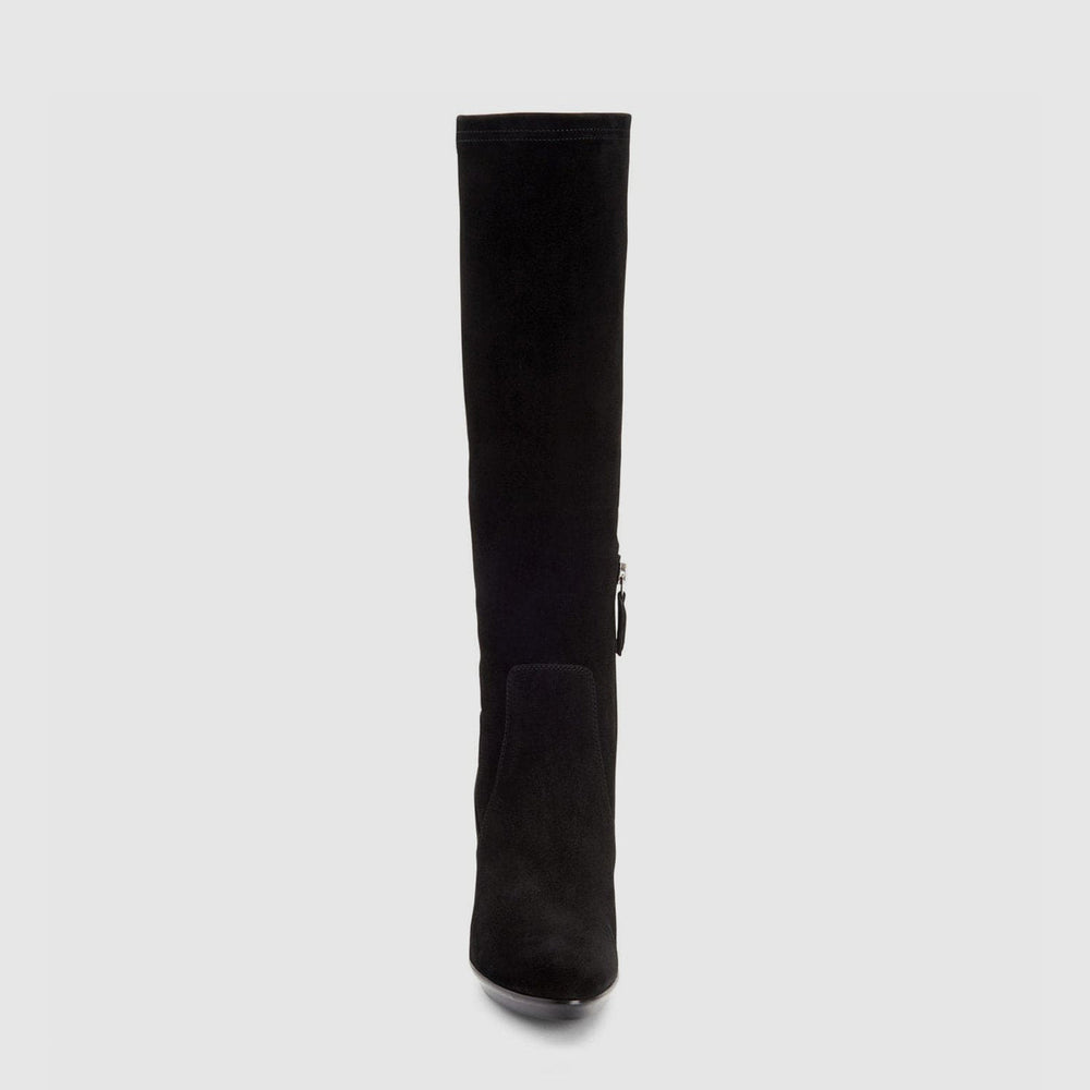 Women's black knee-high boots with pointed toe and high heel