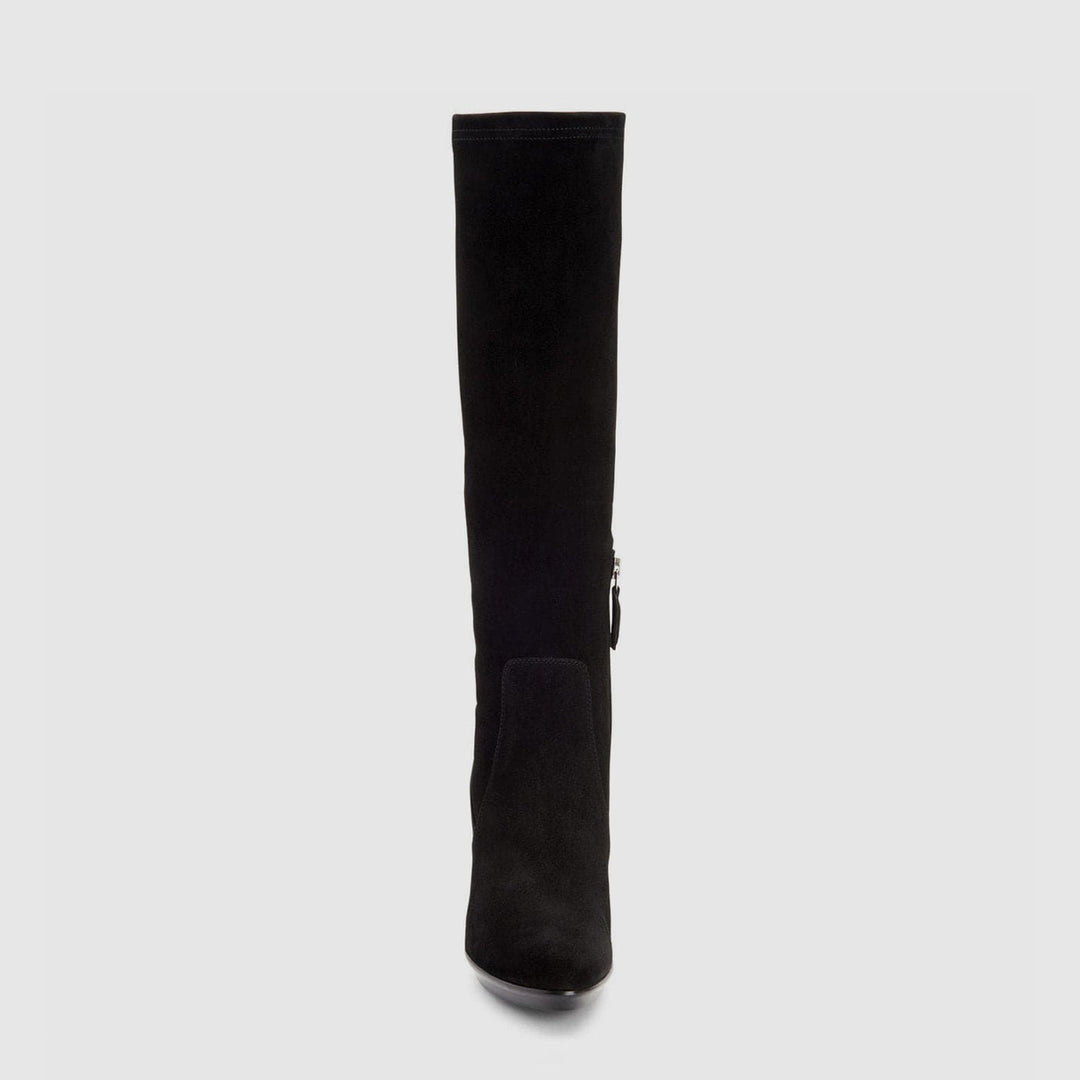 Women's black knee-high boots with pointed toe and high heel