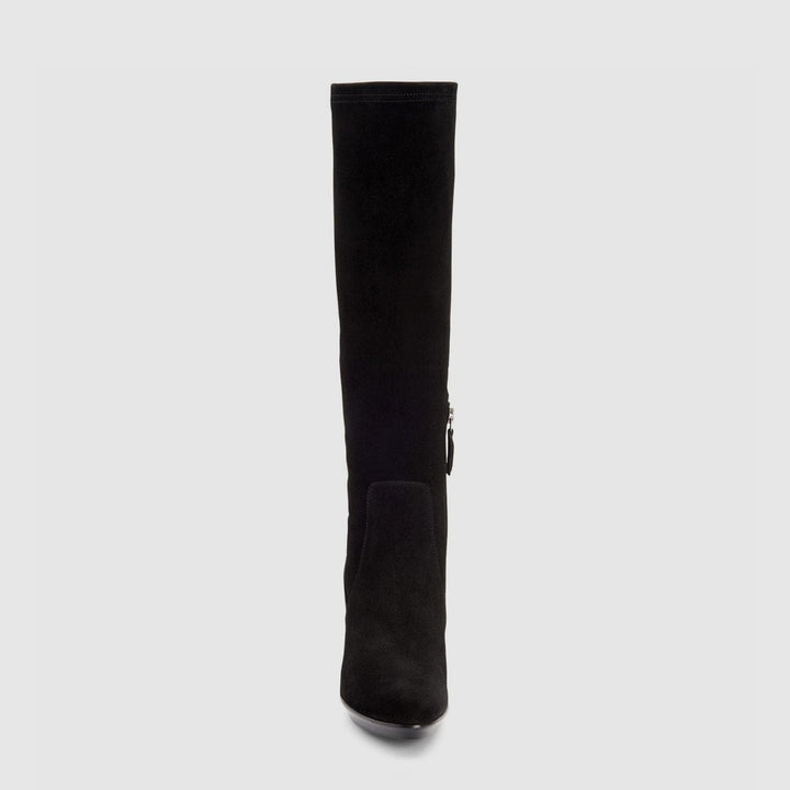 Women's black knee-high boots with pointed toe and high heel