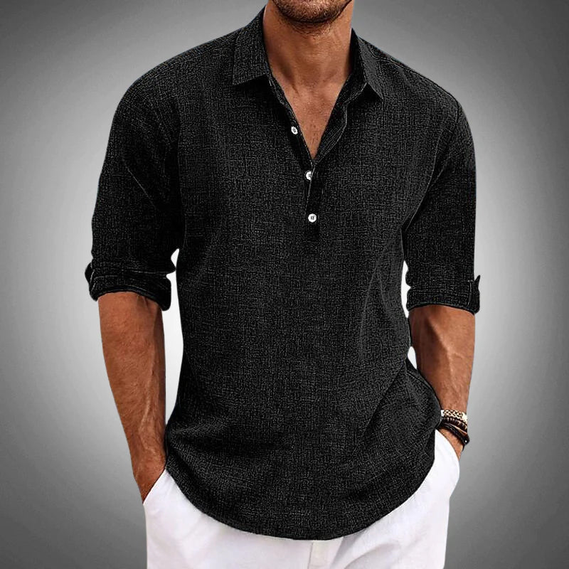 Men's half placket shirt with point collar and rolled sleeves