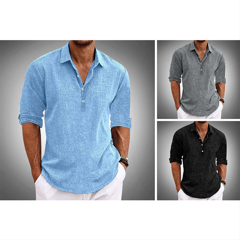 Men's half placket shirt with point collar and rolled sleeves