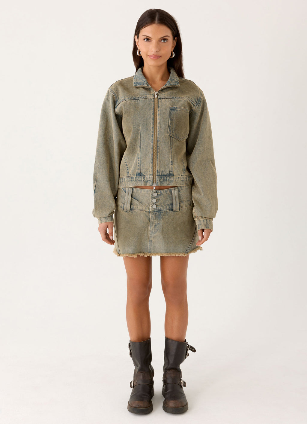 Women's tan cropped denim jacket with stand collar