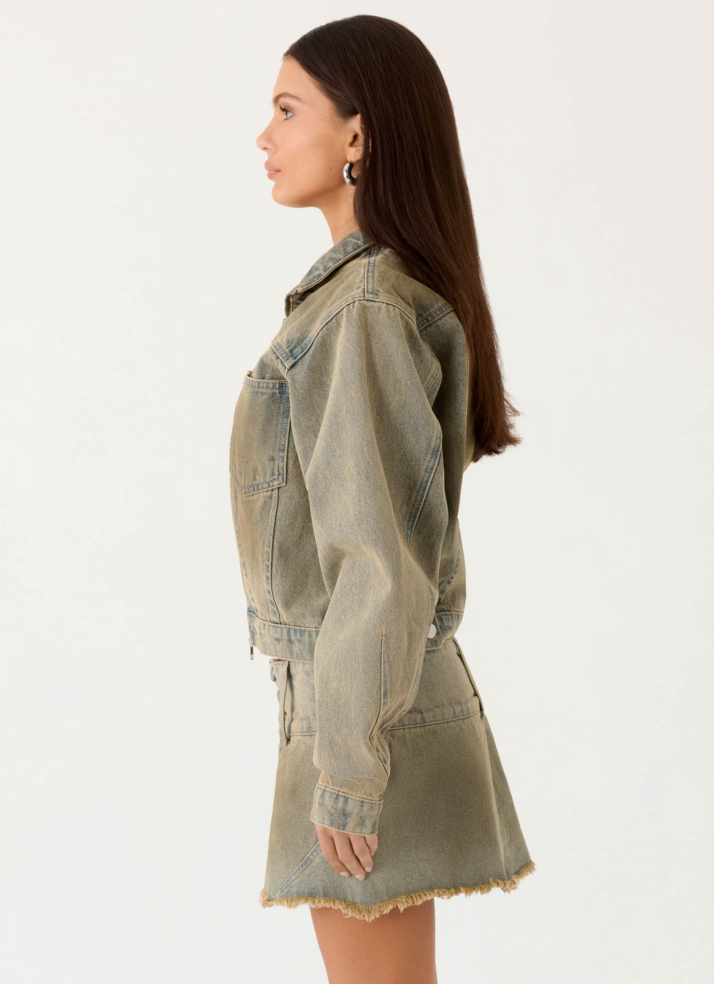 Women's tan cropped denim jacket with stand collar
