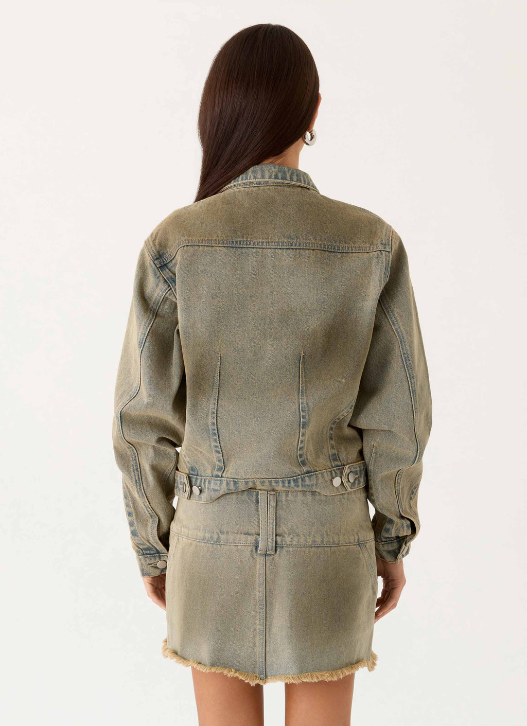 Women's tan cropped denim jacket with stand collar