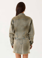 Women's tan cropped denim jacket with stand collar