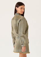 Women's tan cropped denim jacket with stand collar