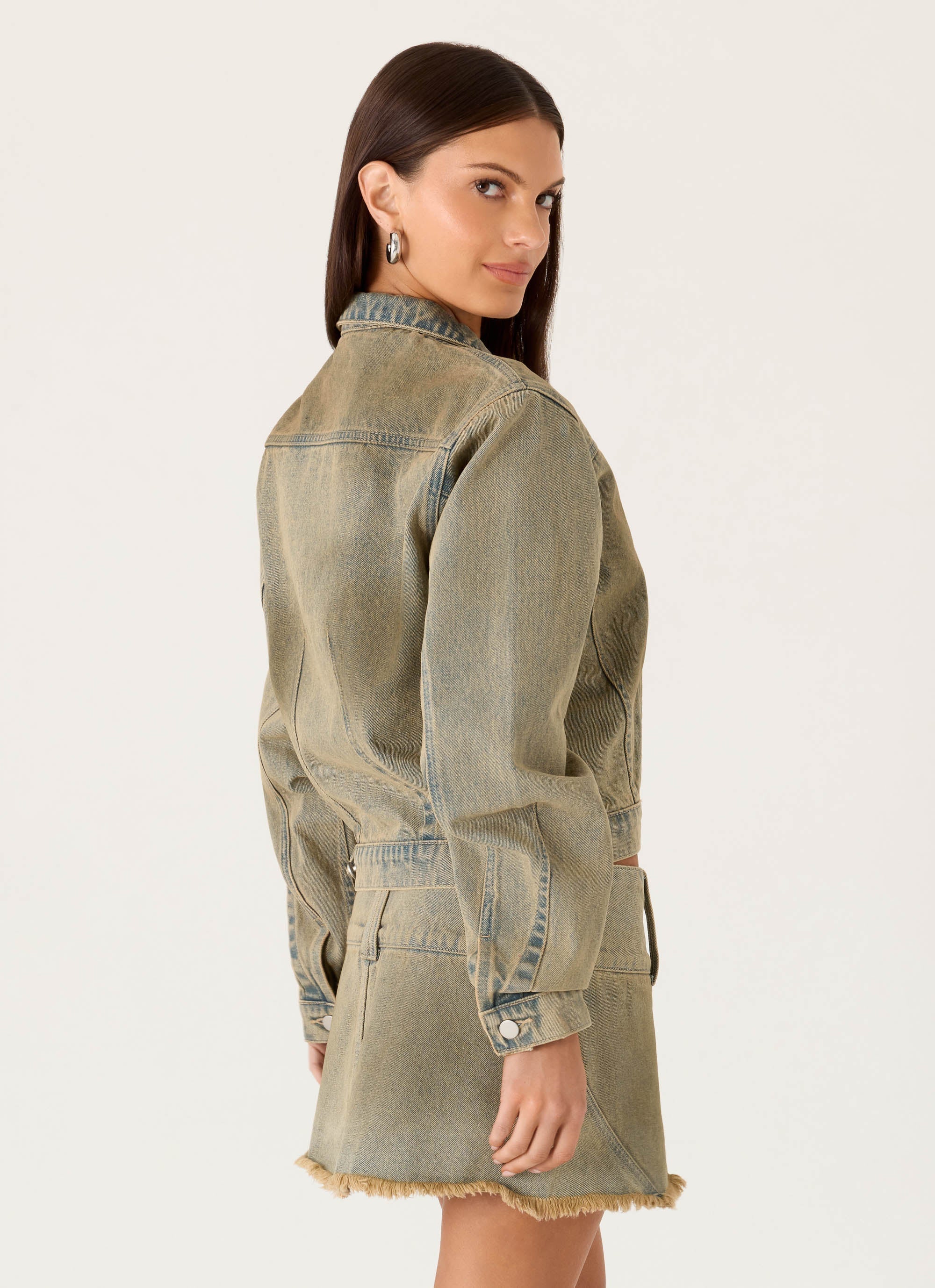 Women's tan cropped denim jacket with stand collar