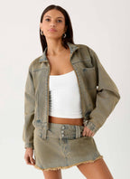 Women's tan cropped denim jacket with stand collar