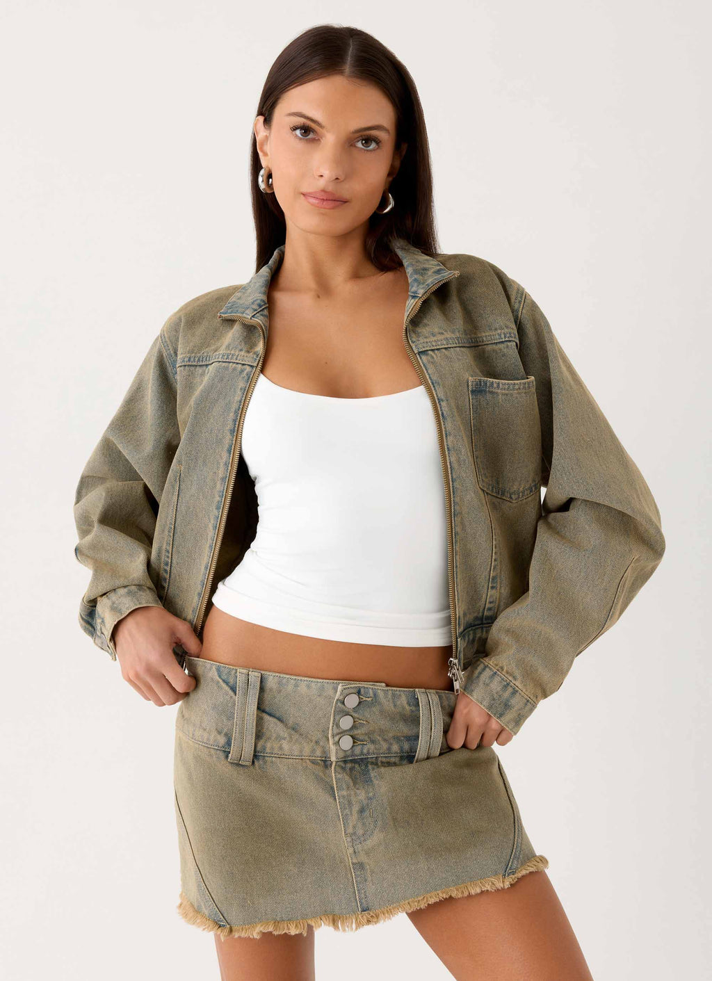 Women's tan cropped denim jacket with stand collar