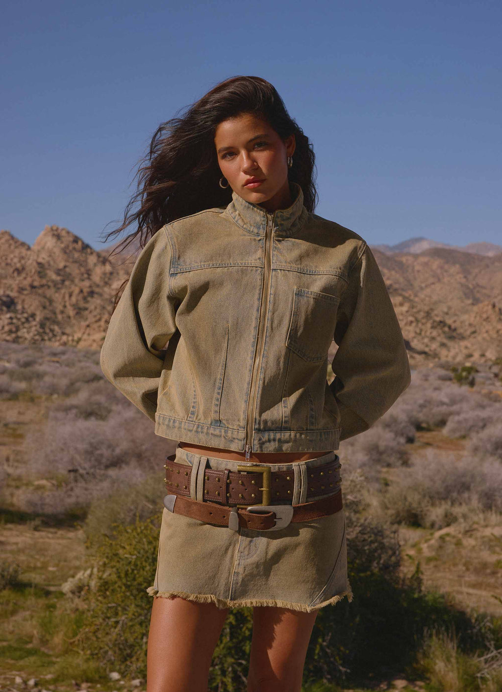 Women's tan cropped denim jacket with stand collar