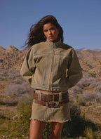 Women's tan cropped denim jacket with stand collar