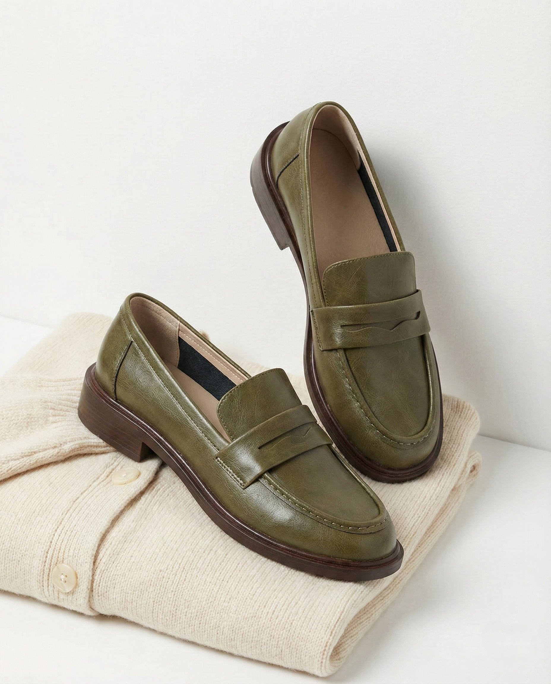 Women's penny loafers with apron stitching and low heel