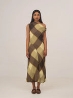 Women's asymmetric checked midi dress with a sleeveless one-shoulder neckline
