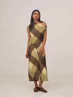 Women's asymmetric checked midi dress with a sleeveless one-shoulder neckline