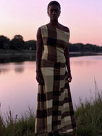 Women's asymmetric checked midi dress with a sleeveless one-shoulder neckline