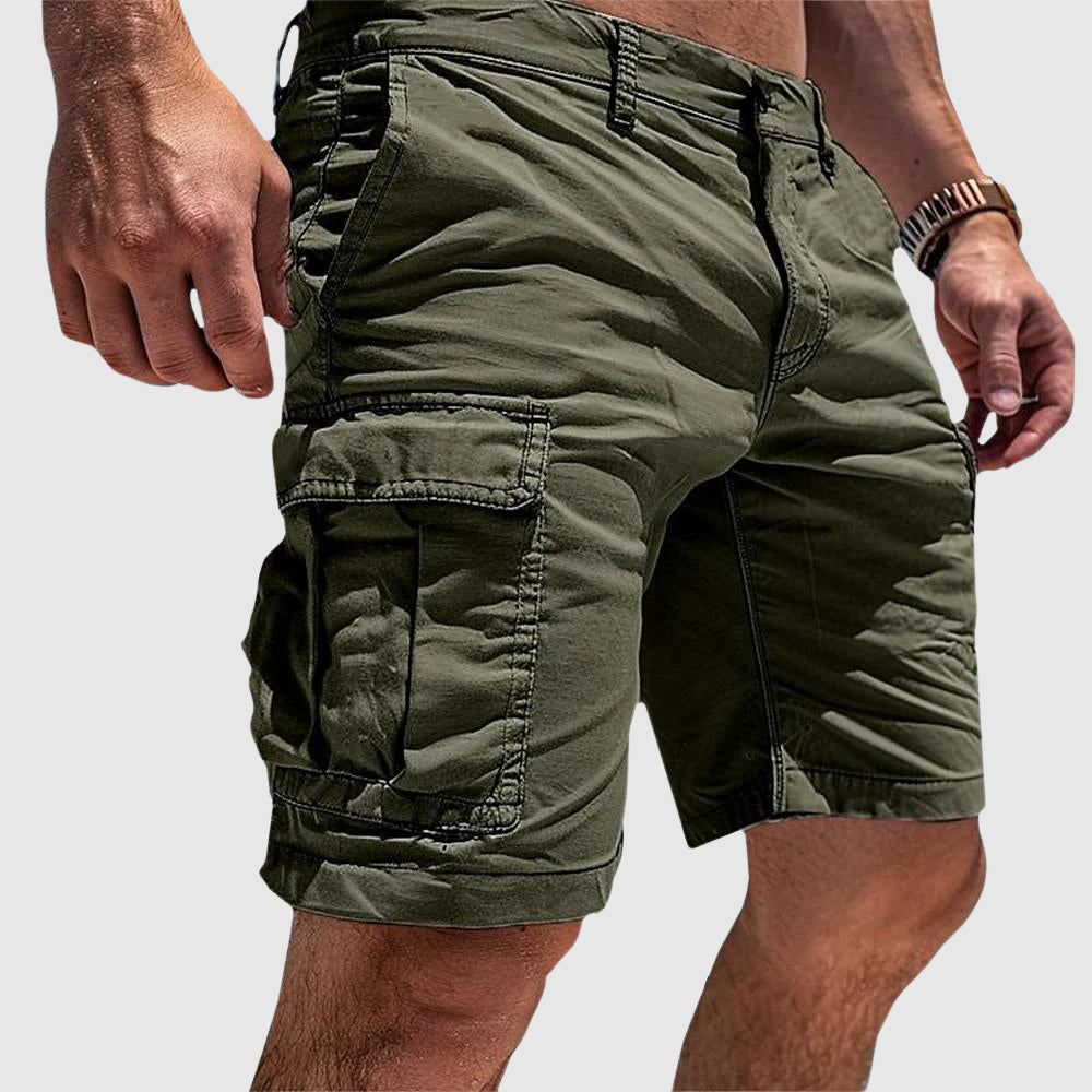 Men's knee-length cargo shorts with flap pockets and belt loops