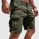 Men's knee-length cargo shorts with flap pockets and belt loops