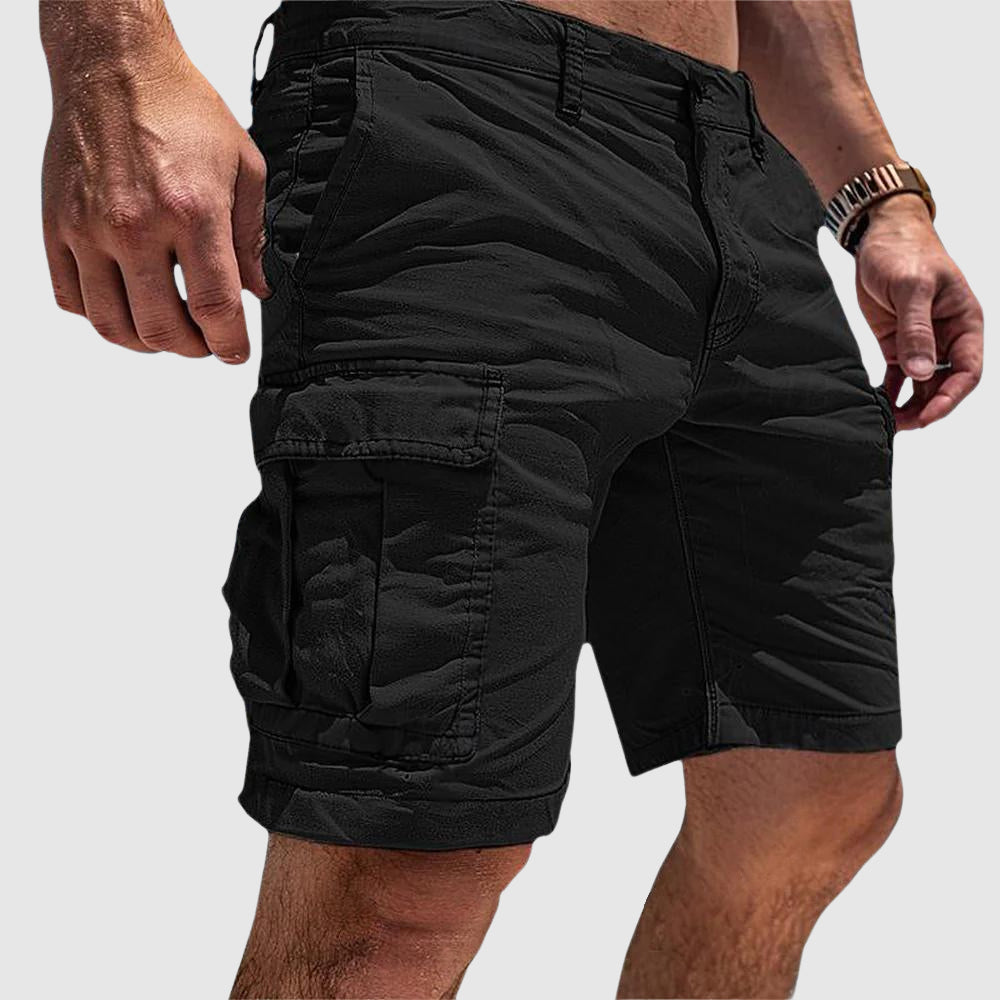Men's knee-length cargo shorts with flap pockets and belt loops