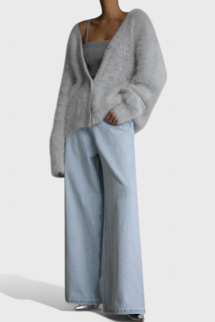 Women's relaxed fuzzy knit V-neck cardigan with buttons