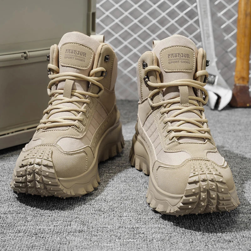 Men's high-top running shoes with lace-up fronts and lugged soles