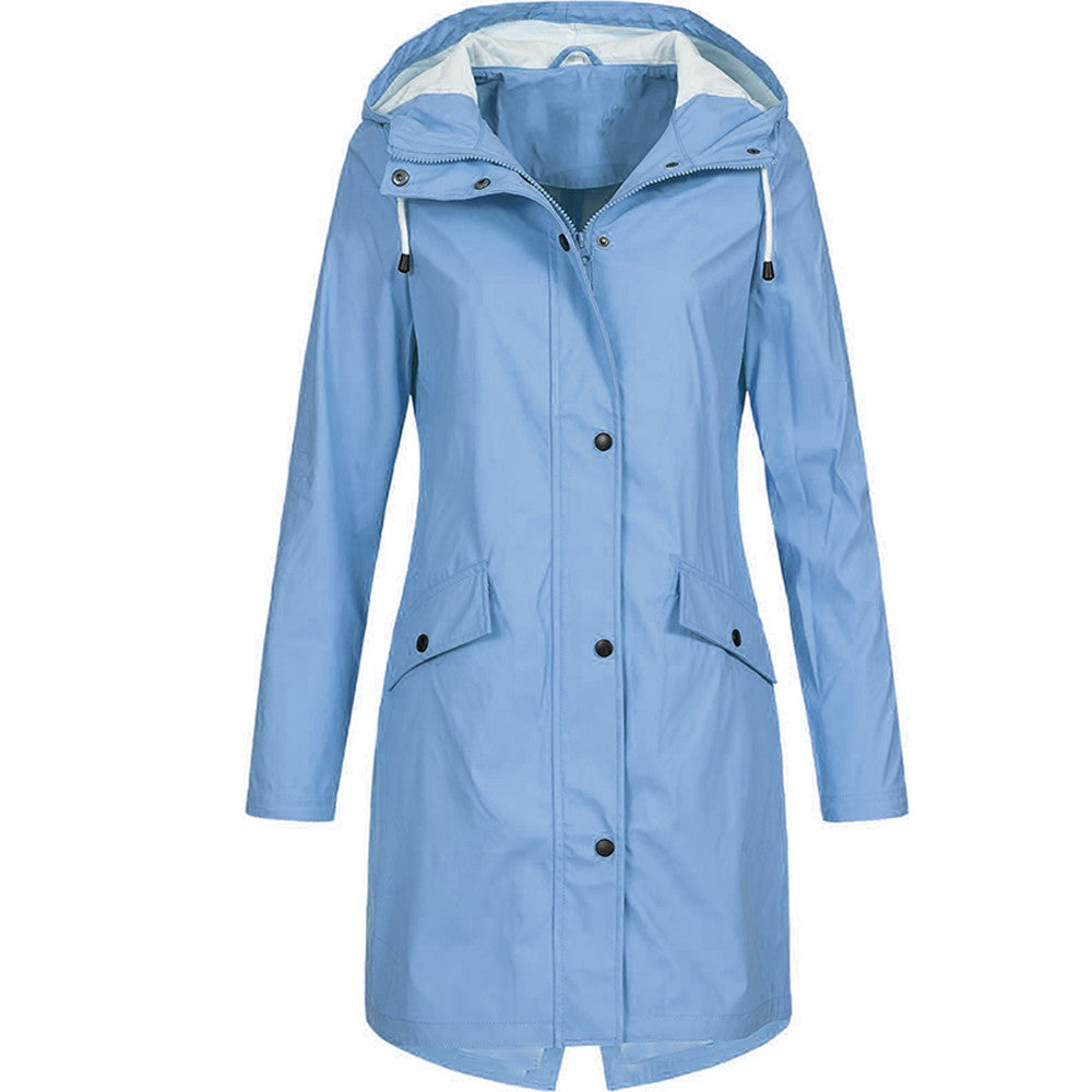 Women's hooded mid-length raincoat with long sleeves and front pockets
