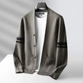 Men's striped knit cardigan with button front, long sleeves and patch pockets