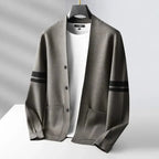 Men's striped knit cardigan with button front, long sleeves and patch pockets